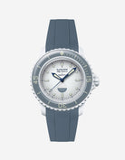 Front view of Blancpain X Swatch Antarctic Ocean with grey rubber strap fitted on the watch