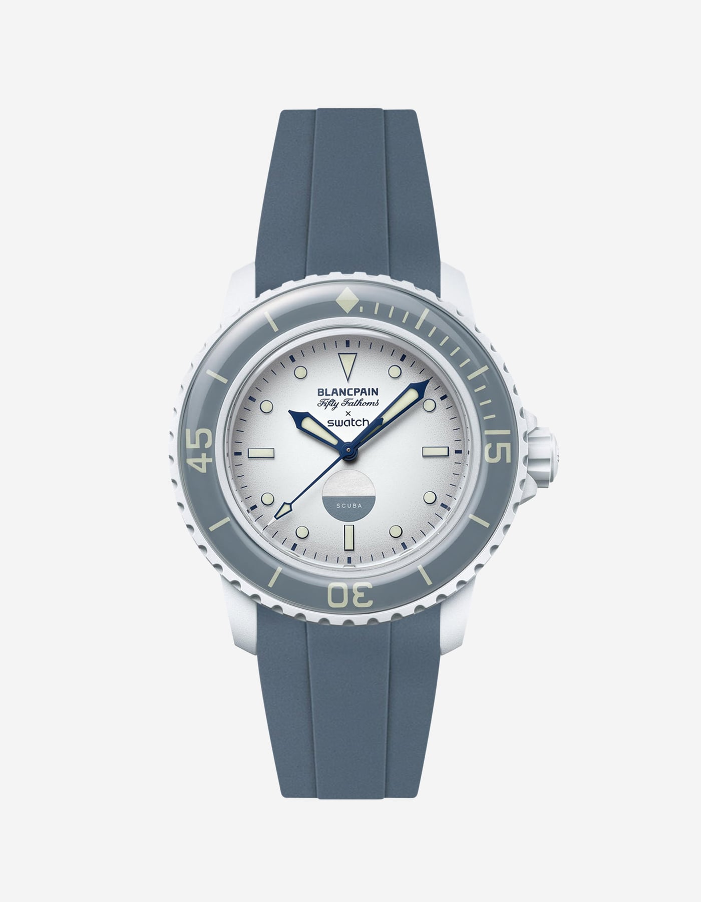 Front view of Blancpain X Swatch Antarctic Ocean with grey rubber strap fitted on the watch