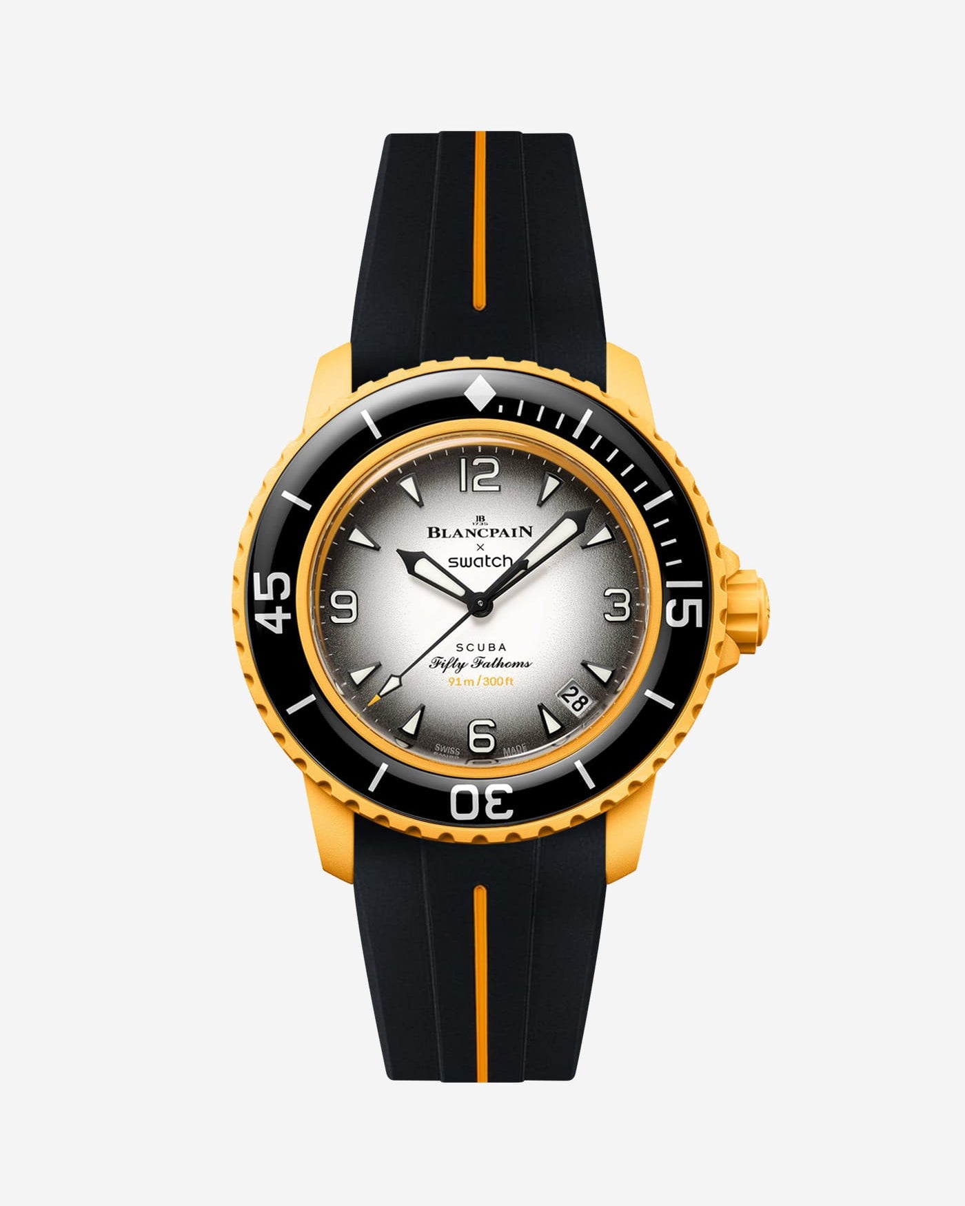 Blancpain Swatch Pacific Ocean diver watch shown with black and yellow rubber strap attached
