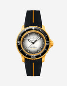 Blancpain Swatch Pacific Ocean diver watch shown with black and yellow rubber strap attached