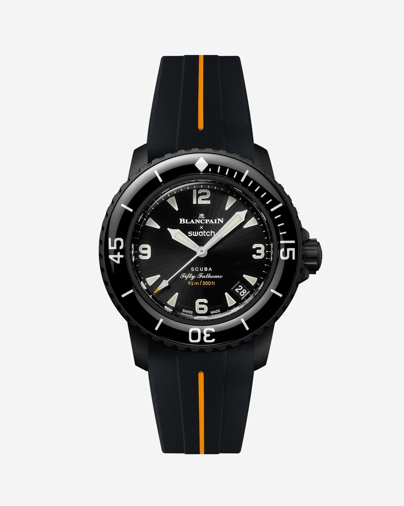 Blancpain Swatch The Ocean of Storms diver watch shown with black and yellow rubber strap attached
