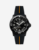 Blancpain Swatch The Ocean of Storms diver watch shown with black and yellow rubber strap attached