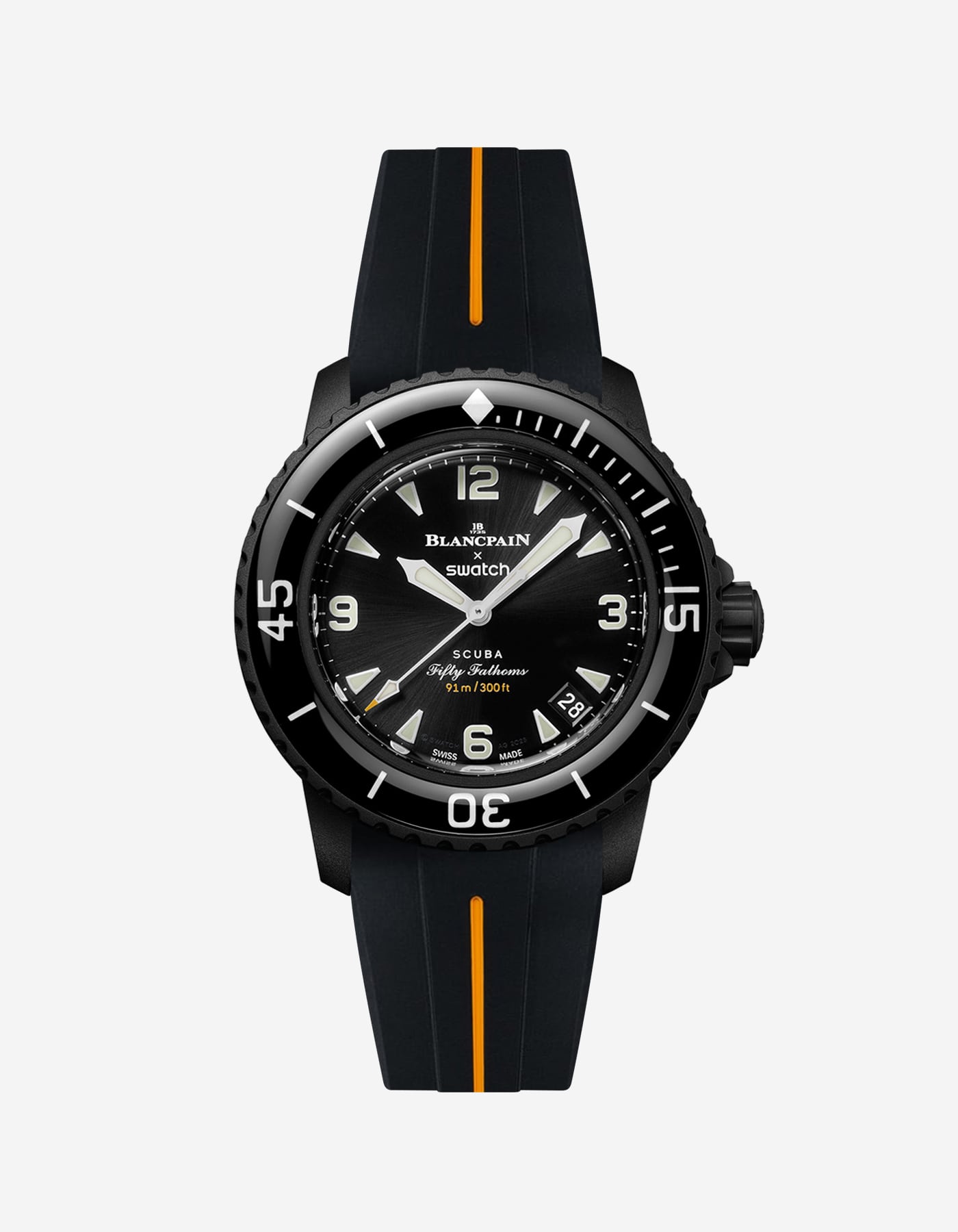 Blancpain Swatch The Ocean of Storms diver watch shown with black and yellow rubber strap attached