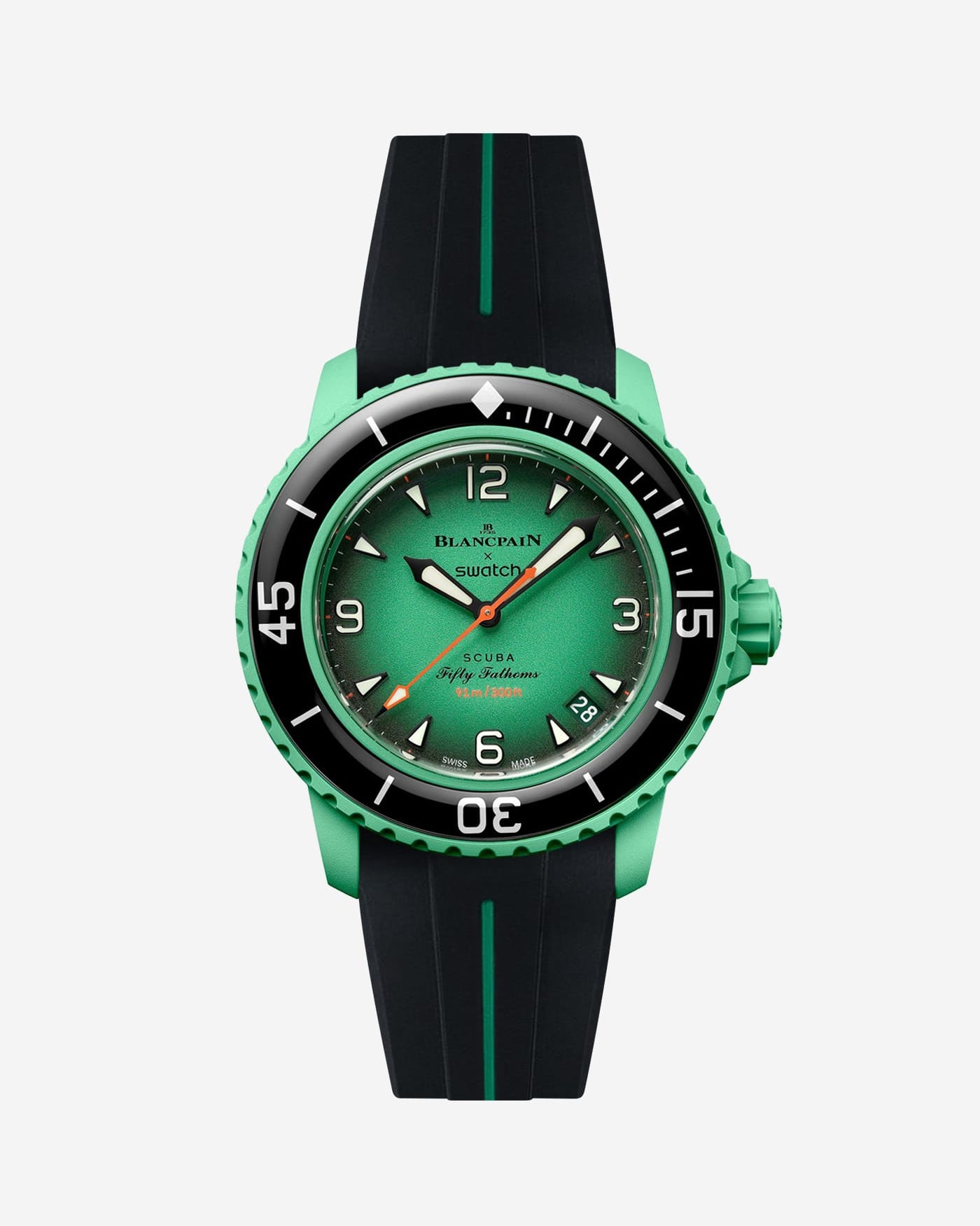 Blancpain X Swatch Indian Ocean watch displayed from the front with black and green rubber strap mounted