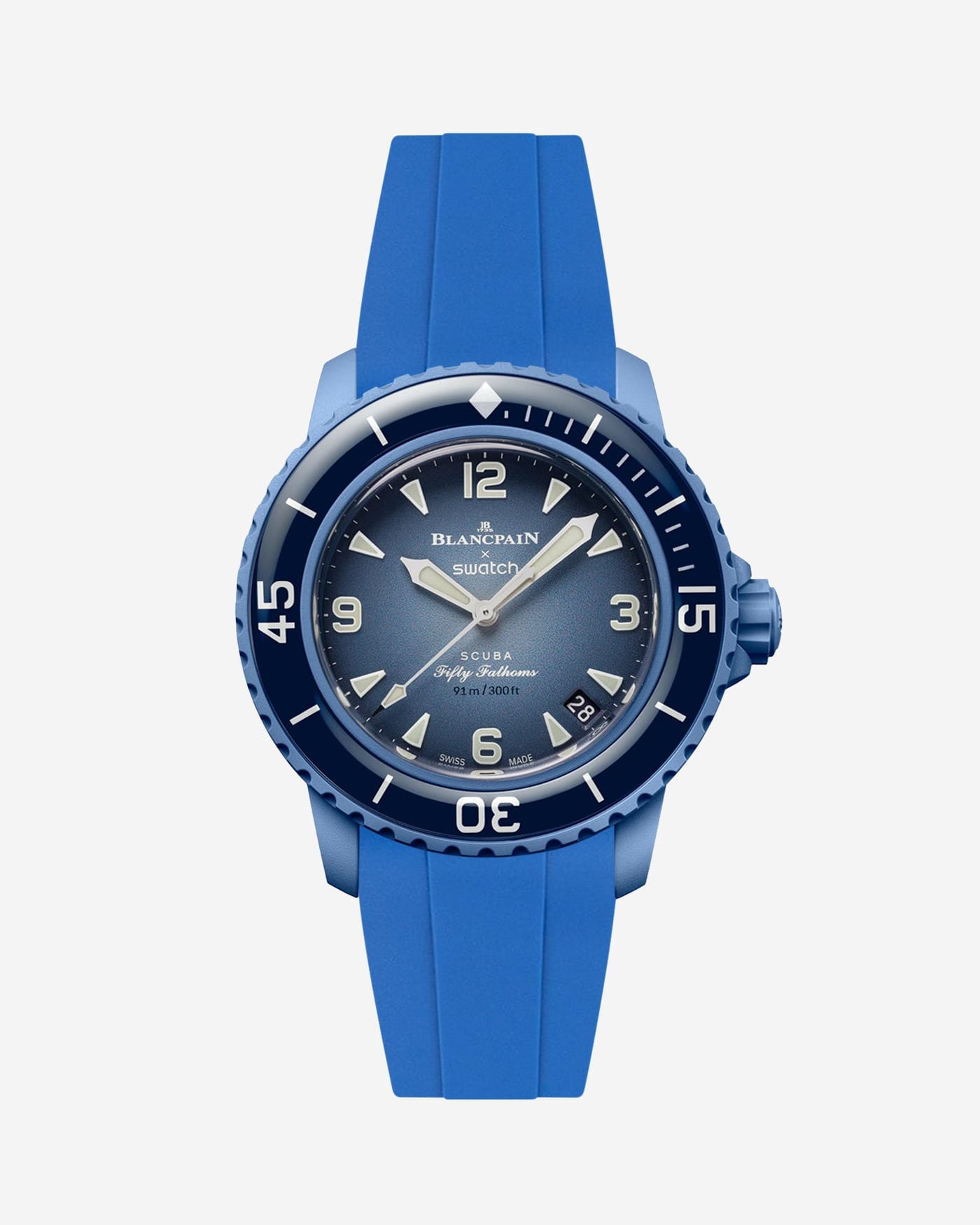 Atlantic blue rubber strap fitted on Blancpain Swatch Atlantic Ocean watch, front view