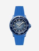 Atlantic blue rubber strap fitted on Blancpain Swatch Atlantic Ocean watch, front view