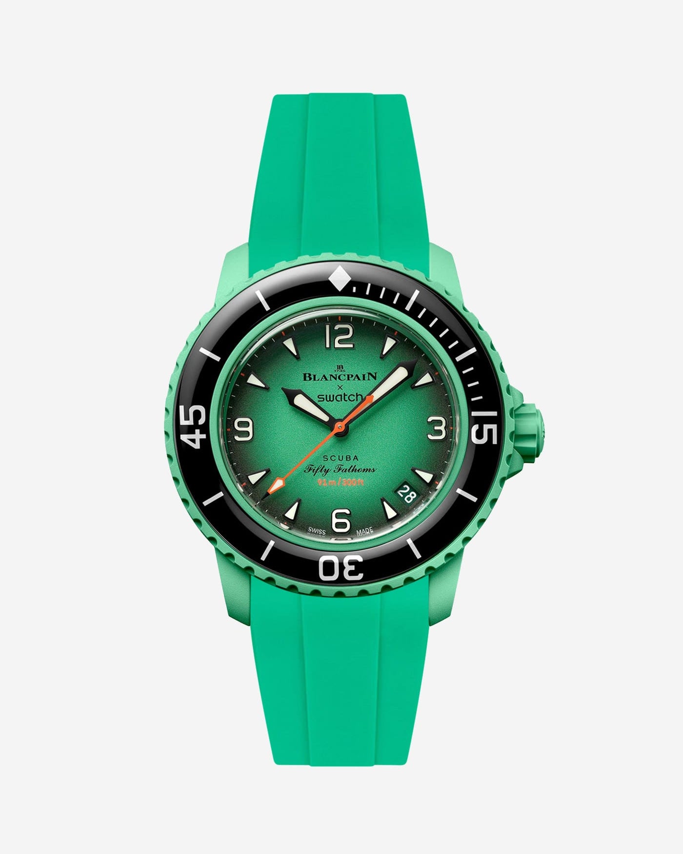 Blancpain X Swatch Indian Ocean watch displayed from the front with green rubber strap mounted