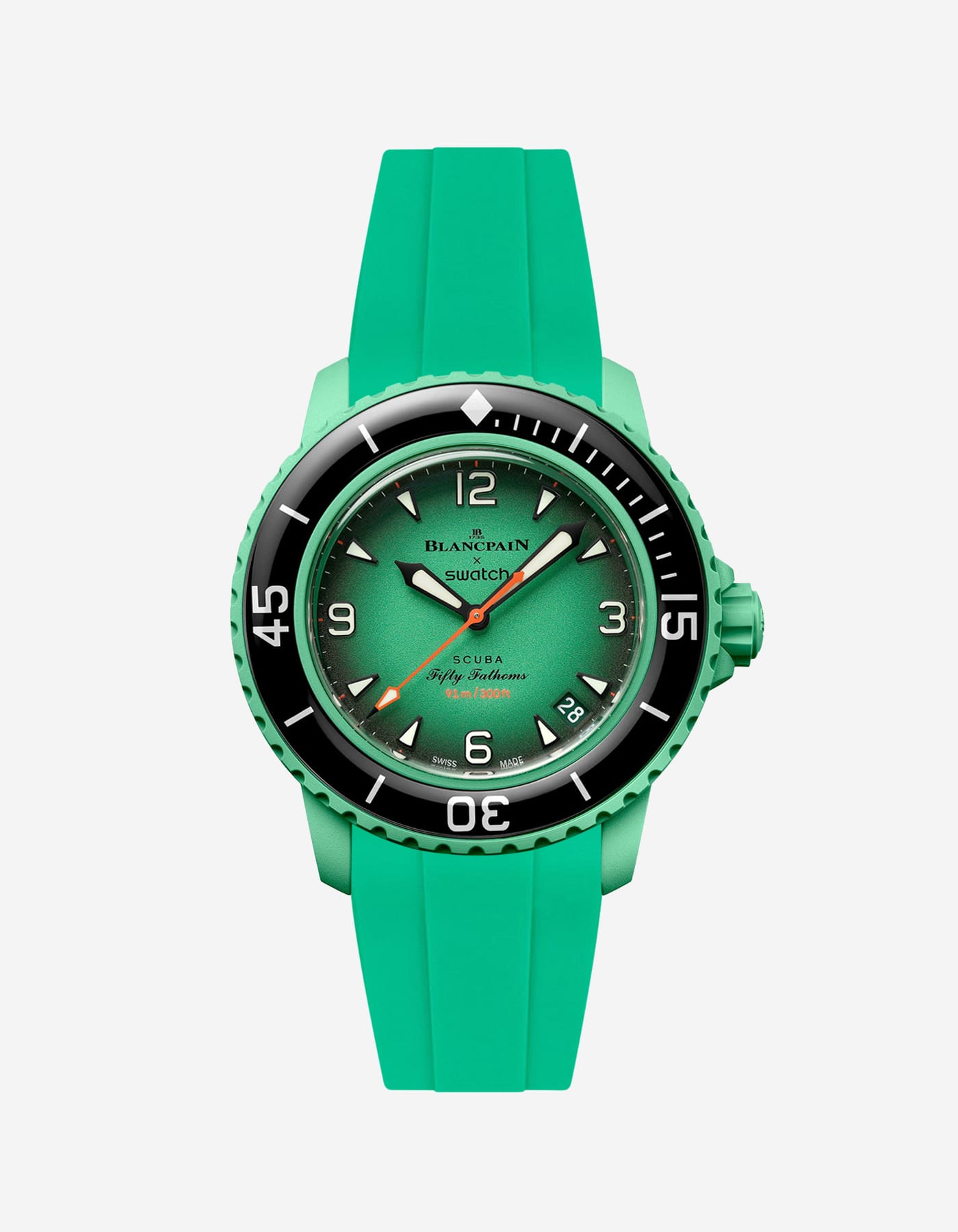 Blancpain X Swatch Indian Ocean watch displayed from the front with green rubber strap mounted