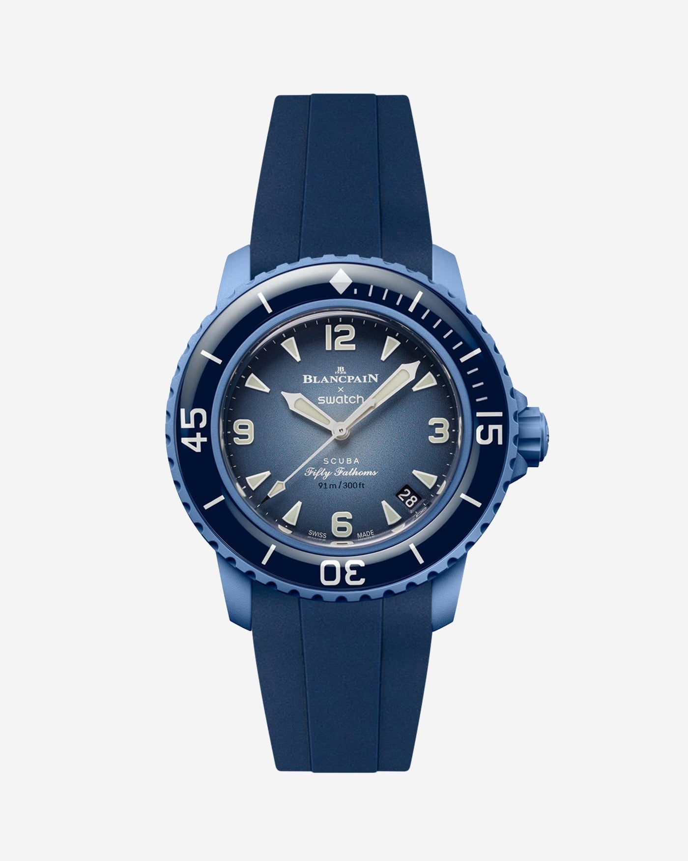 Blancpain X Swatch Atlantic Ocean diver watch displayed with blue rubber strap mounted