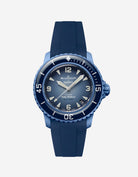 Blancpain X Swatch Atlantic Ocean diver watch displayed with blue rubber strap mounted