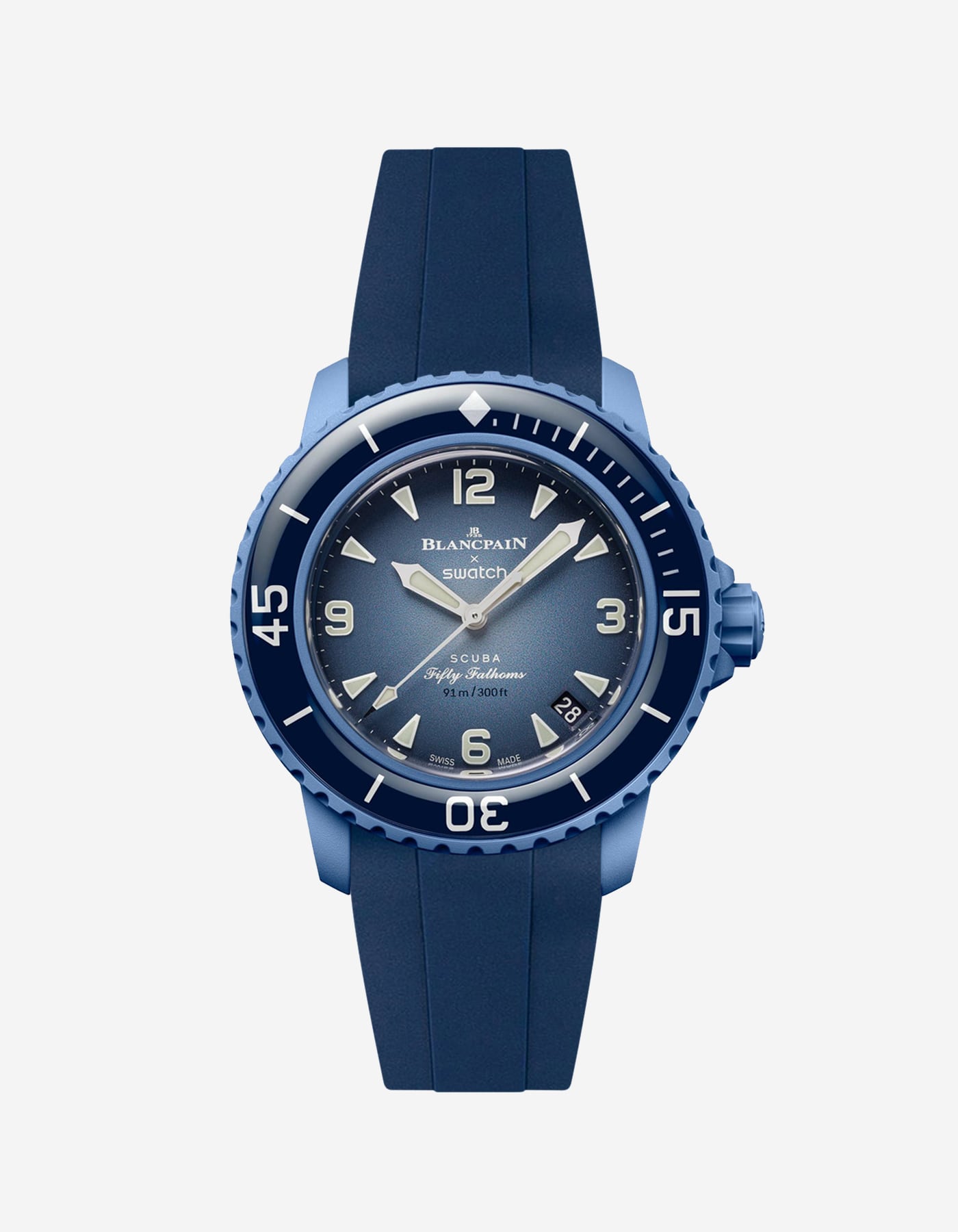 Blancpain X Swatch Atlantic Ocean diver watch displayed with blue rubber strap mounted
