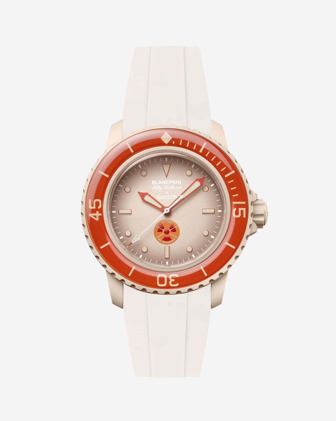 Blancpain X Swatch Arctic Ocean watch displayed with sand color rubber strap mounted