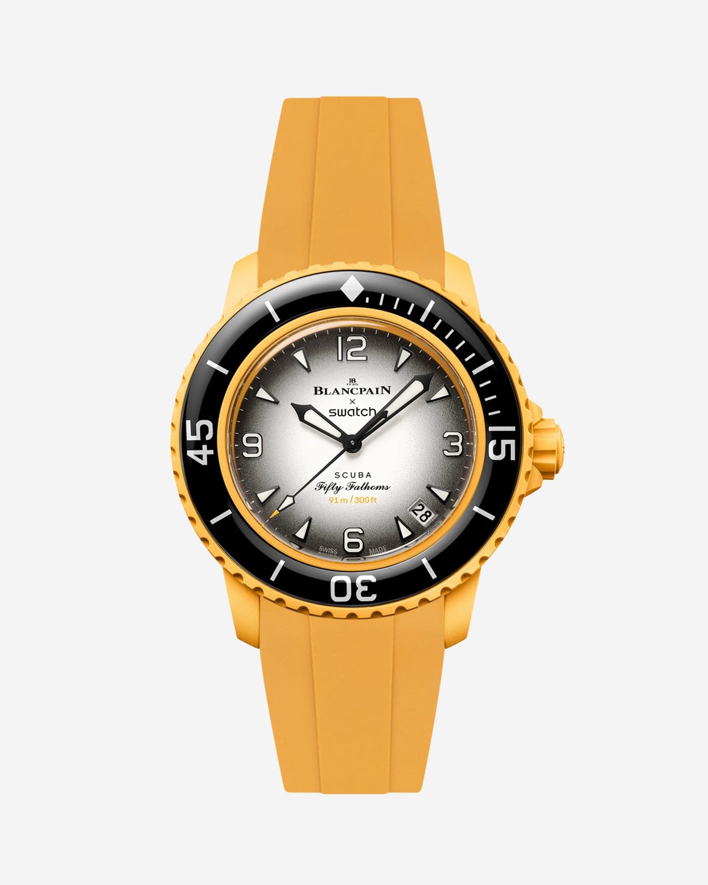 Blancpain X Swatch Pacific Ocean displayed from the front with yellow rubber strap mounted