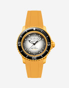 Blancpain X Swatch Pacific Ocean displayed from the front with yellow rubber strap mounted