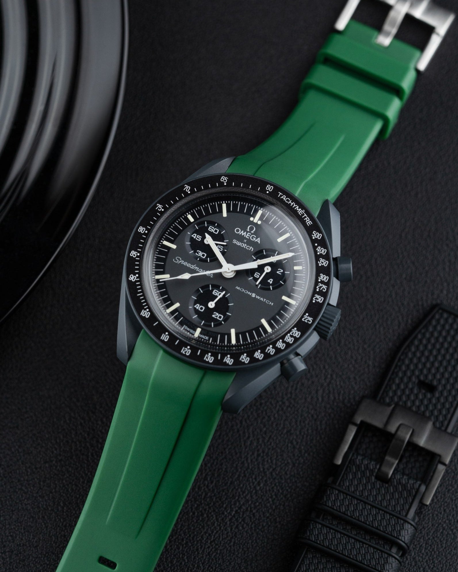 Omega X Swatch MoonSwatch Mission to Uranus Moonwatch Speedmaster Professional Wristbuddys Wristbuddy Klockarmband klockband rubberstrap rubber strap horus Mission to Mercury, mission to moon, moonswatches moonwatch best rubber intergrated green grön grun wristbuddies watch replacement strap rubber curved