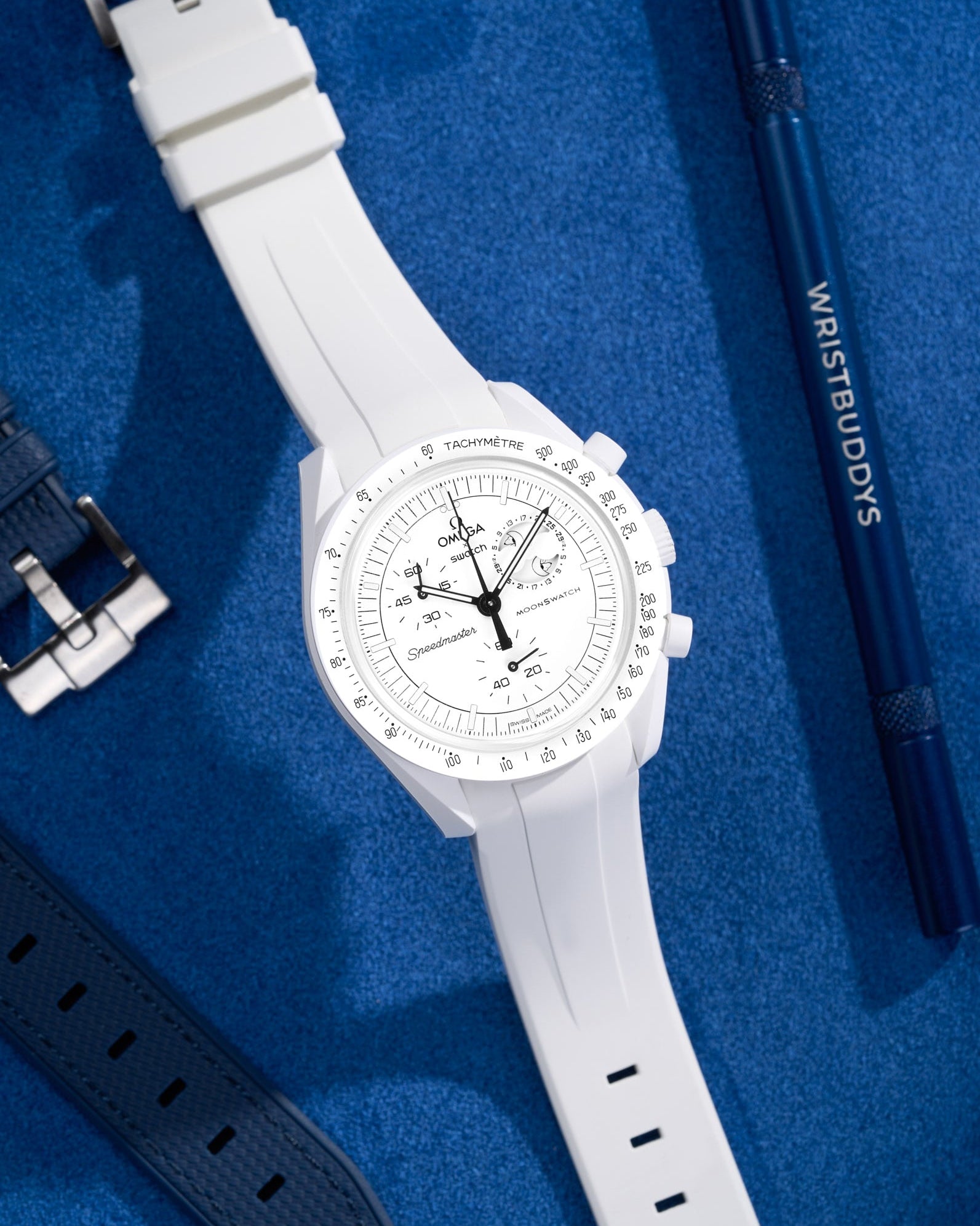 Omega X Swatch MoonSwatch Mission to Uranus Moonwatch Speedmaster Professional Wristbuddys Wristbuddy Klockarmband klockband rubberstrap rubber strap horus Mission to Mercury, mission to moon, moonswatches moonwatch best rubber perpetual straps intergrated light blue tiffany blue uranus