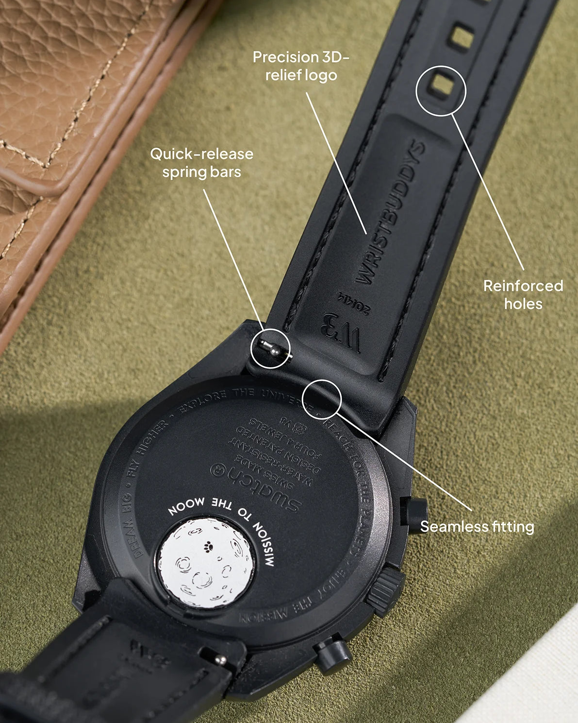 Curved Vertech rubber strap in black with reinforced holes, precision 3D-relief logo, quick-release spring bars and seamless curved fitting