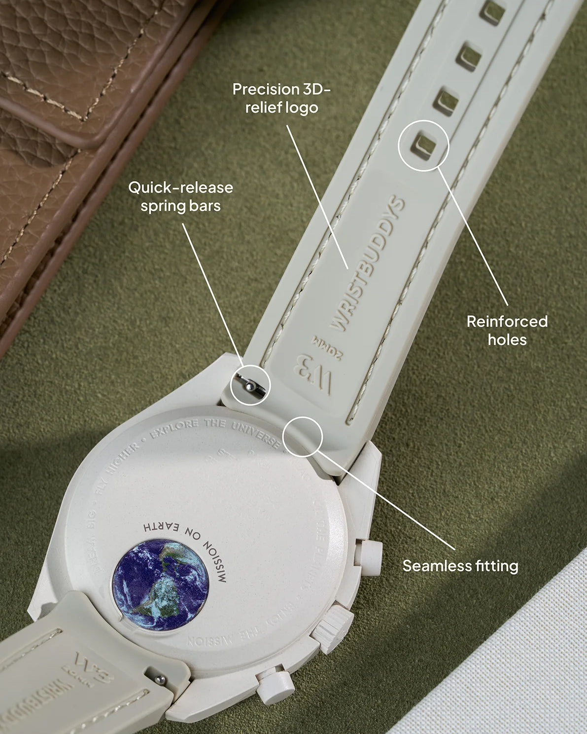 Beige curved rubber watch strap with quick-release spring bars, 3D-relief logo, reinforced holes and seamless case integration