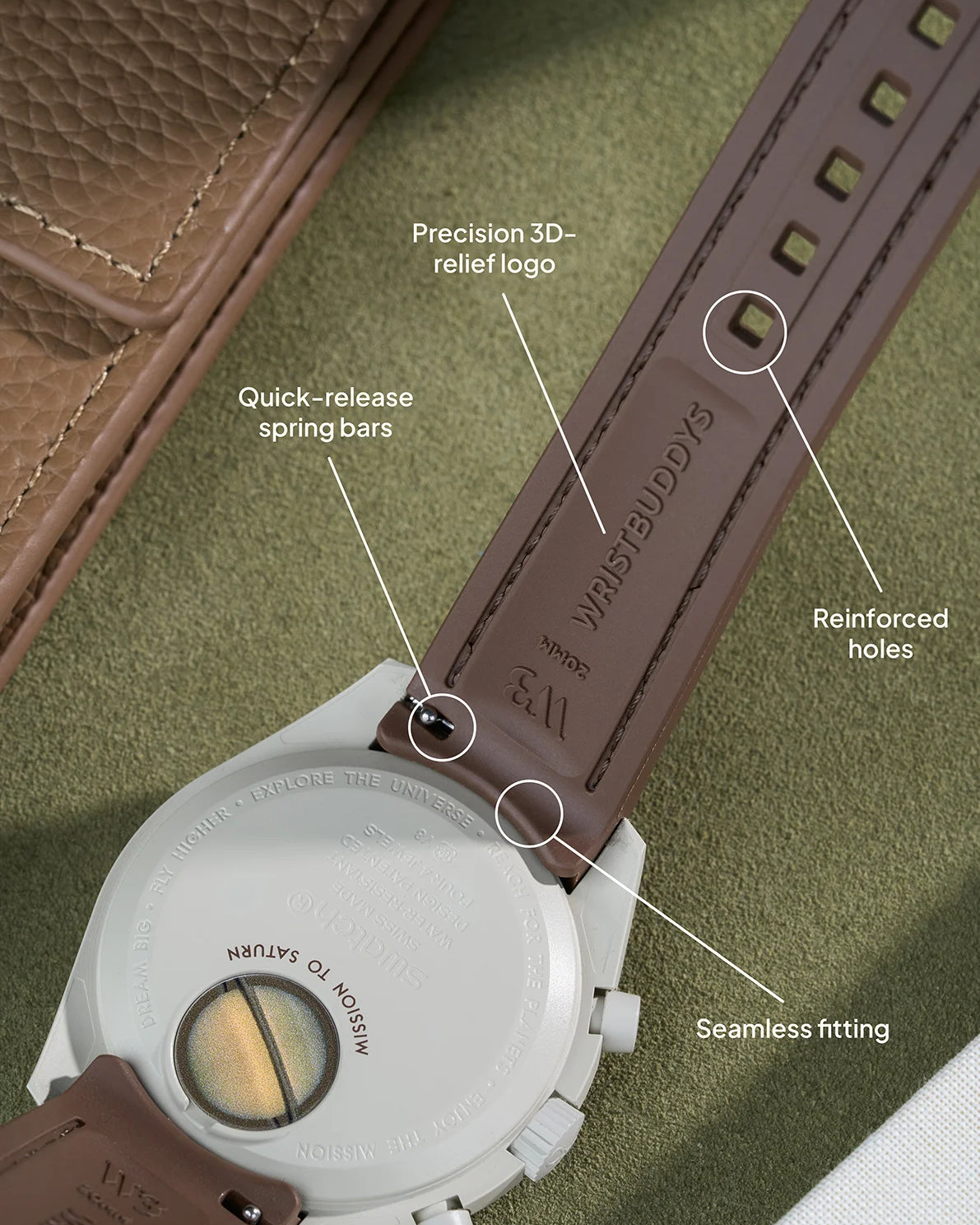 Brown curved rubber watch strap featuring quick-release spring bars, reinforced adjustment holes, seamless fit and embossed Wristbuddys logo