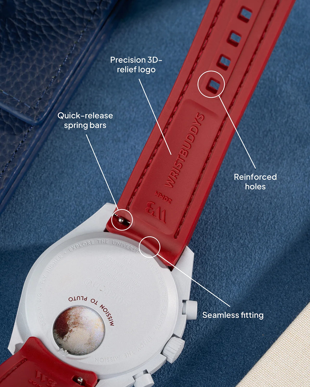 Burgundy curved rubber strap with precision 3D-relief logo, quick-release spring bars, seamless fitting and reinforced holes by Wristbuddys