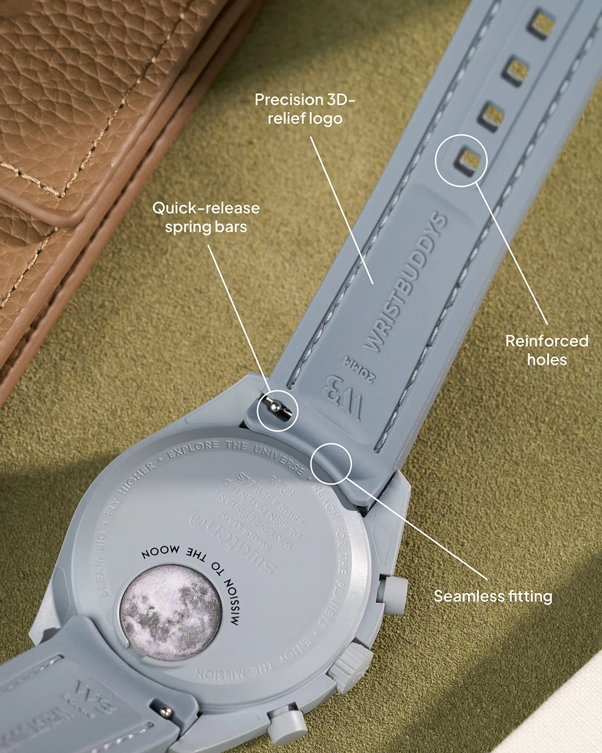 Dark grey curved rubber strap with quick-release spring bars and precision 3D-logo – universal fit with seamless integration and reinforced holes