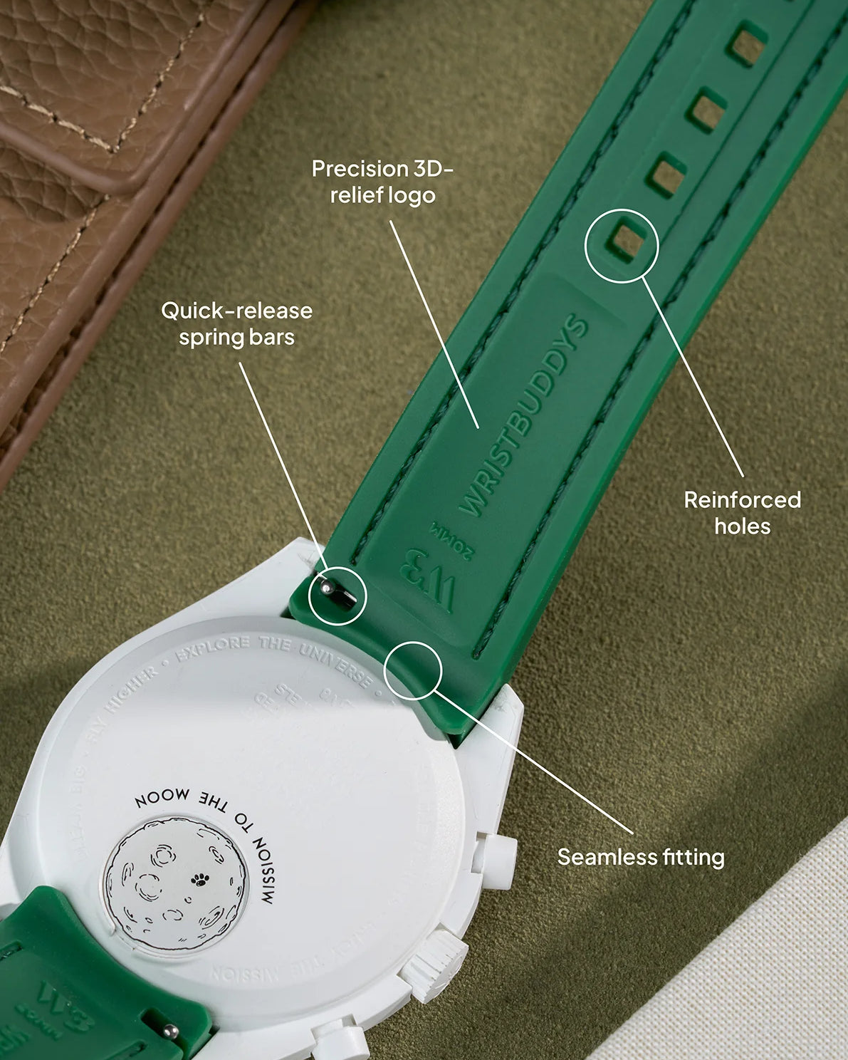 Green curved rubber strap with embossed Wristbuddys logo, precision 3D relief, quick-release spring bars and seamless case integration