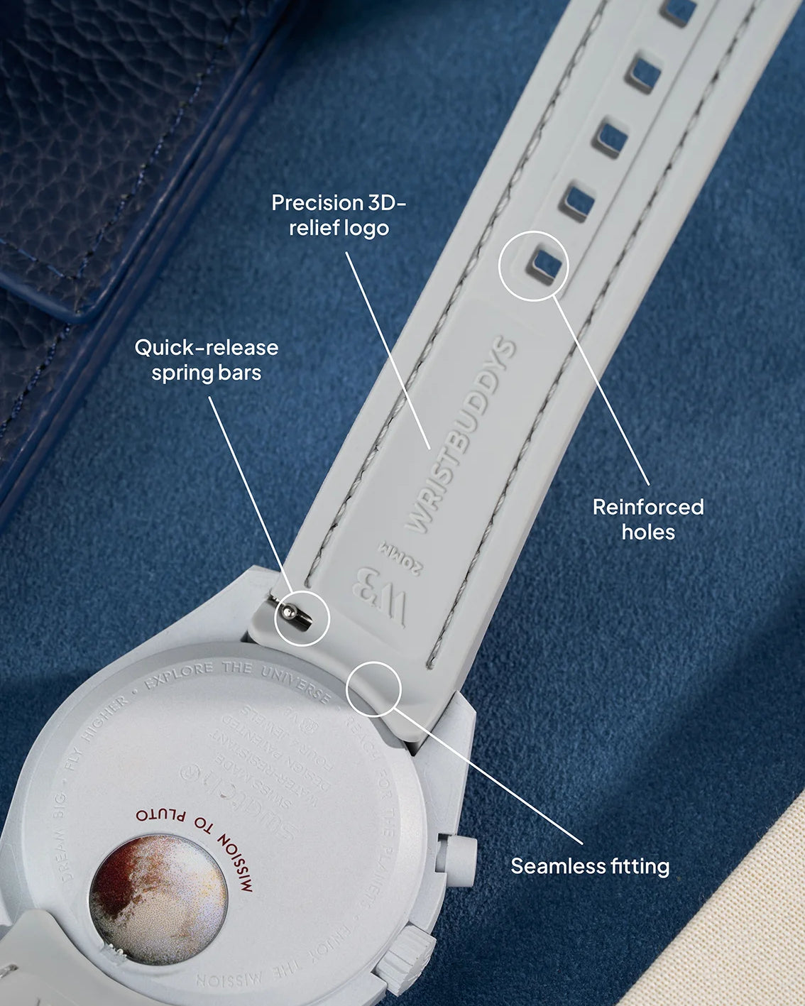 Grey curved rubber strap with reinforced holes, seamless fitting, 3D-relief logo and quick-release spring bars – designed for comfort and secure attachment