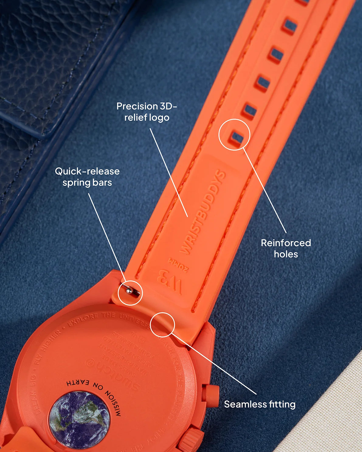 Lava Orange curved rubber strap with quick-release spring bars, reinforced holes and precision Wristbuddys branding