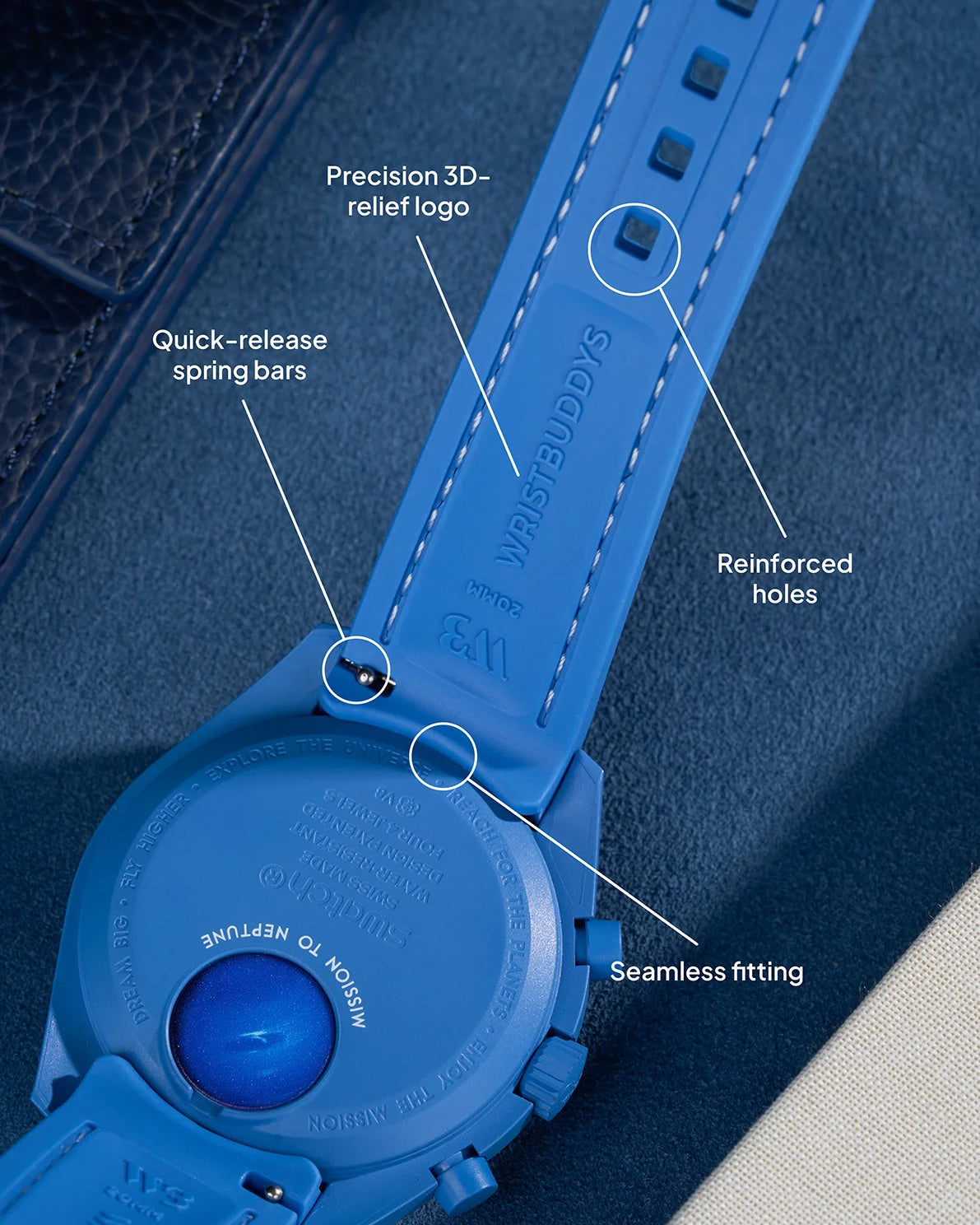 Neptune blue curved rubber watch strap with quick-release spring bars, reinforced holes, 3D-relief logo and flawless case fitment