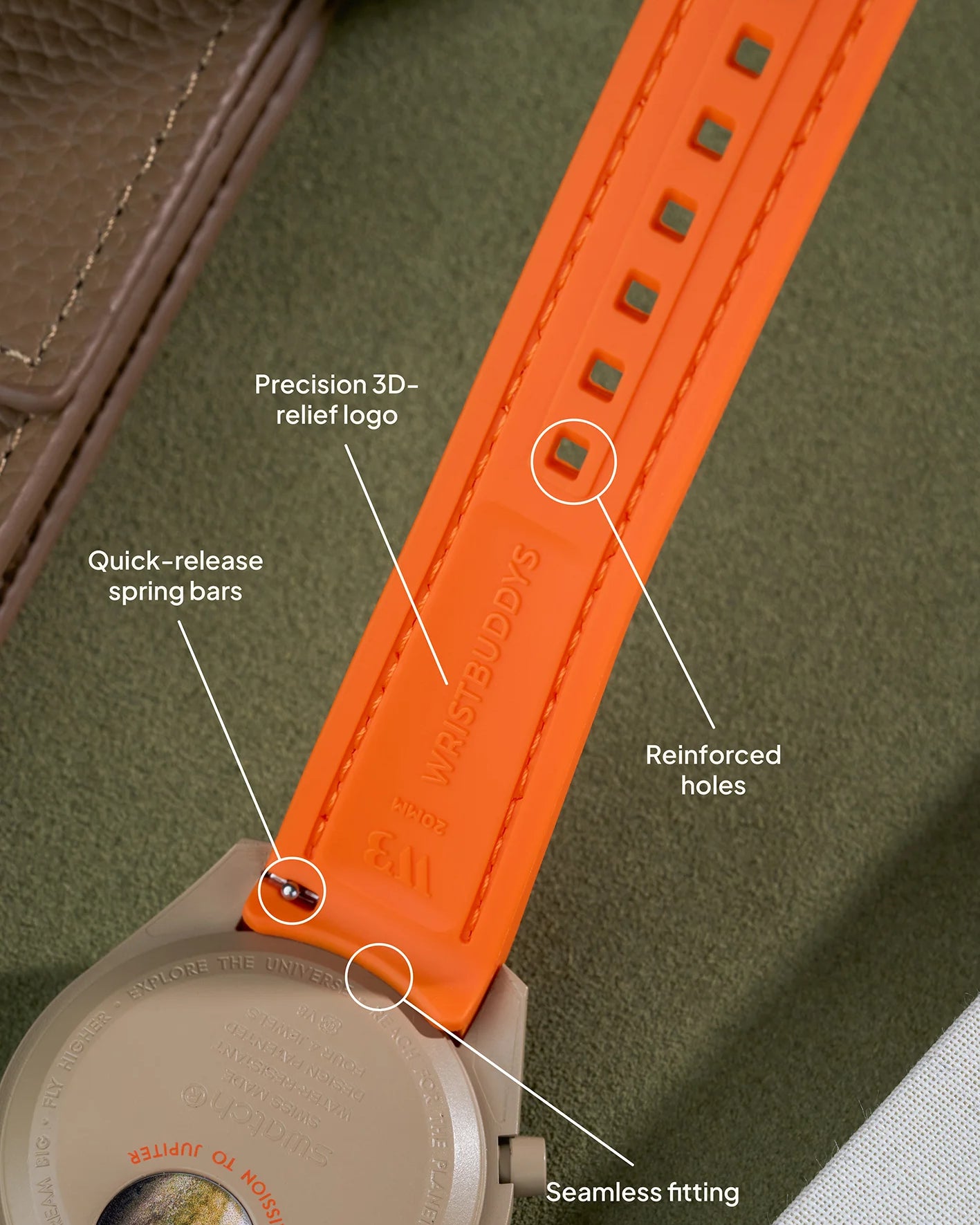 Orange curved rubber watch strap with seamless case fit, precision 3D logo, reinforced buckle holes and quick-release spring bars