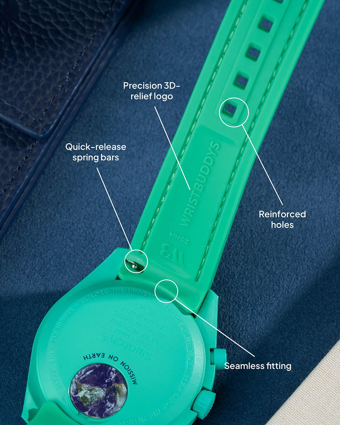 Polar Lights Green curved rubber strap with seamless case integration, quick-release spring bars and embossed Wristbuddys logo