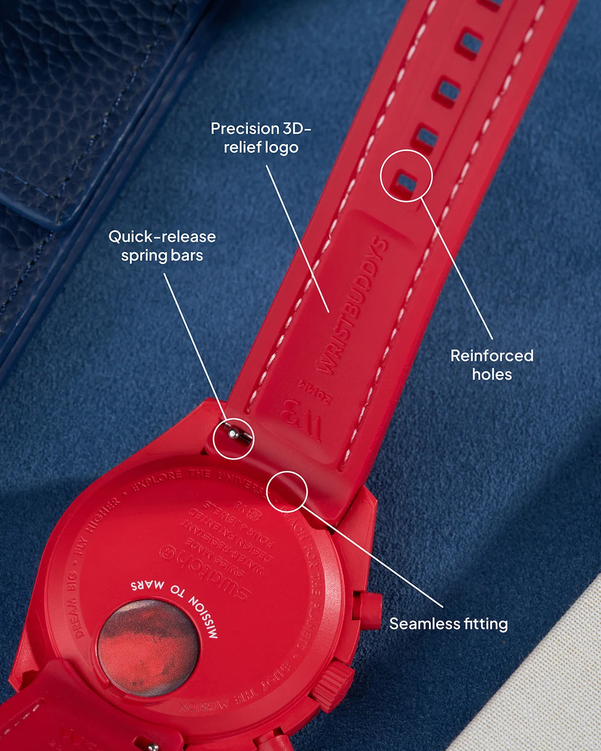Red curved rubber watch strap with white stitching, quick-release spring bars, seamless fit and embossed Wristbuddys logo