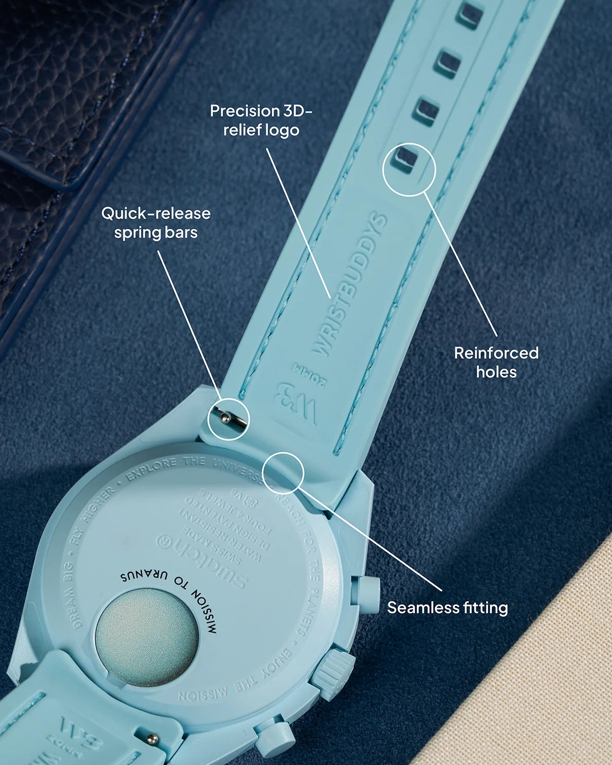 Turquoise curved rubber strap with precision 3D-relief logo, quick-release spring bars, reinforced holes and seamless fitting by Wristbuddys