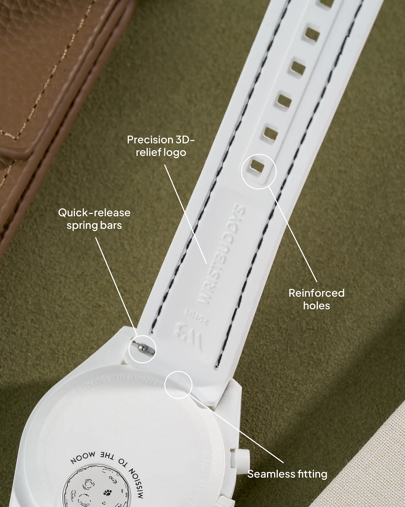 White curved rubber watch strap with black stitching, precision 3D-relief logo, quick-release spring bars, reinforced holes and seamless connection