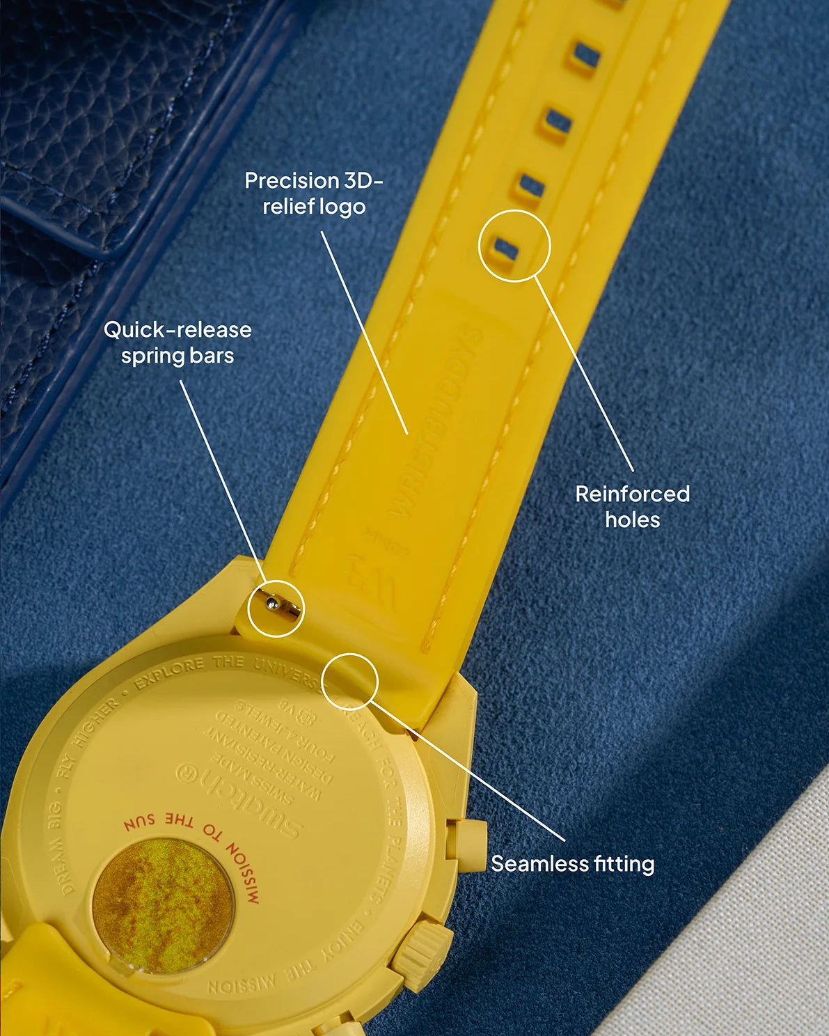 Yellow curved rubber watch strap with seamless fit, precision 3D logo, quick-release spring bars and reinforced holes by Wristbuddys