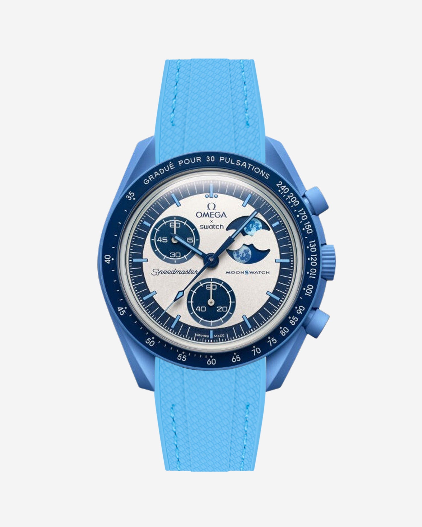 Blue Omega X Swatch MoonSwatch Mission to the Super Blue Moonphase with a capri blue vertech rubber watch strap and a with detailed face on a white background