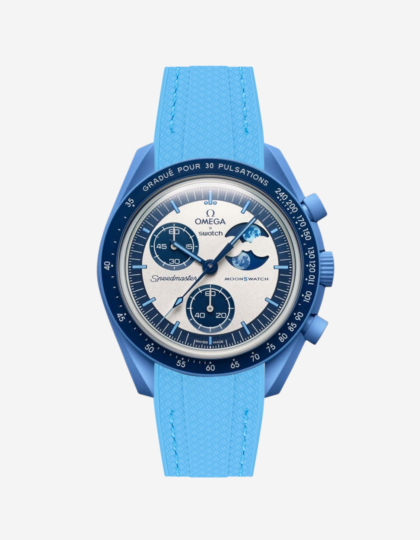 Blue Omega X Swatch MoonSwatch Mission to the Super Blue Moonphase with a capri blue vertech rubber watch strap and a with detailed face on a white background