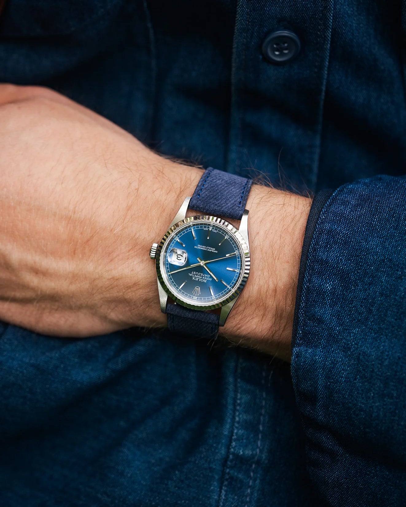 Dark Blue Denim Watch Strap 20mm on Rolex Datejust – wrist shot with silver case and denim shirt