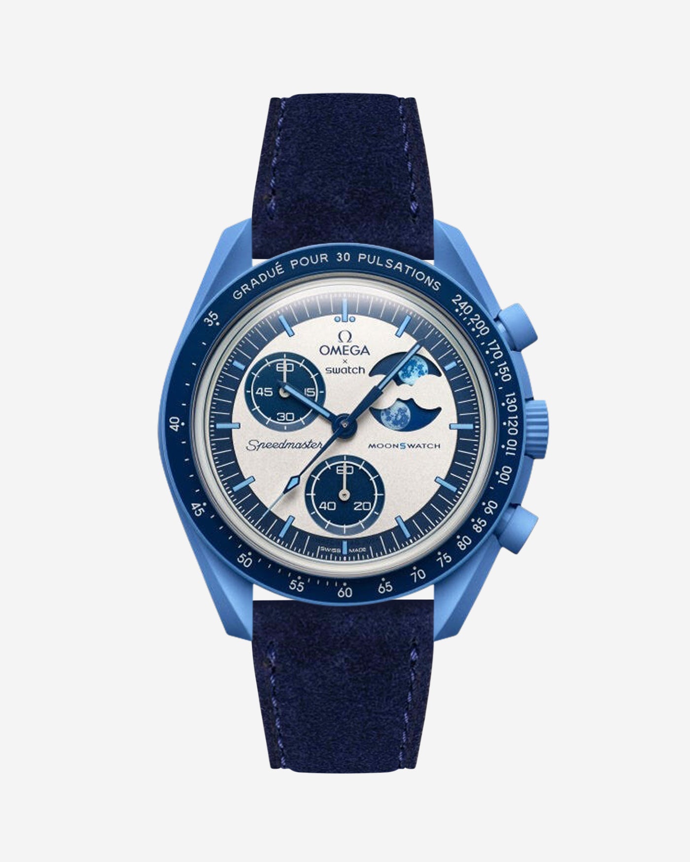 Omega X Swatch Mission to Super Blue Moonphase with Dark Blue suede leather strap mounted – front view