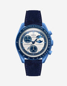 Omega X Swatch Mission to Super Blue Moonphase with Dark Blue suede leather strap mounted – front view