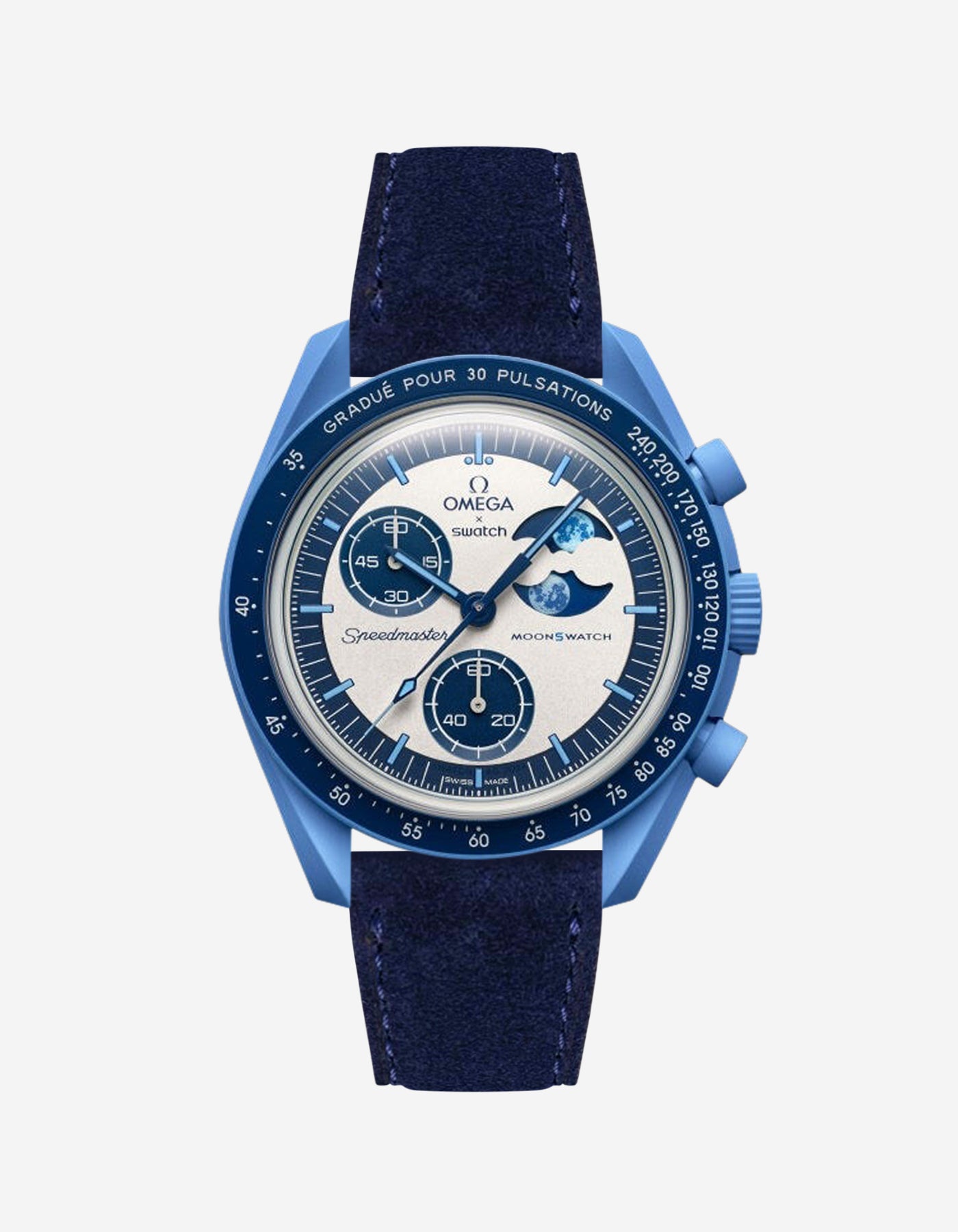 Omega X Swatch Mission to Super Blue Moonphase with Dark Blue suede leather strap mounted – front view