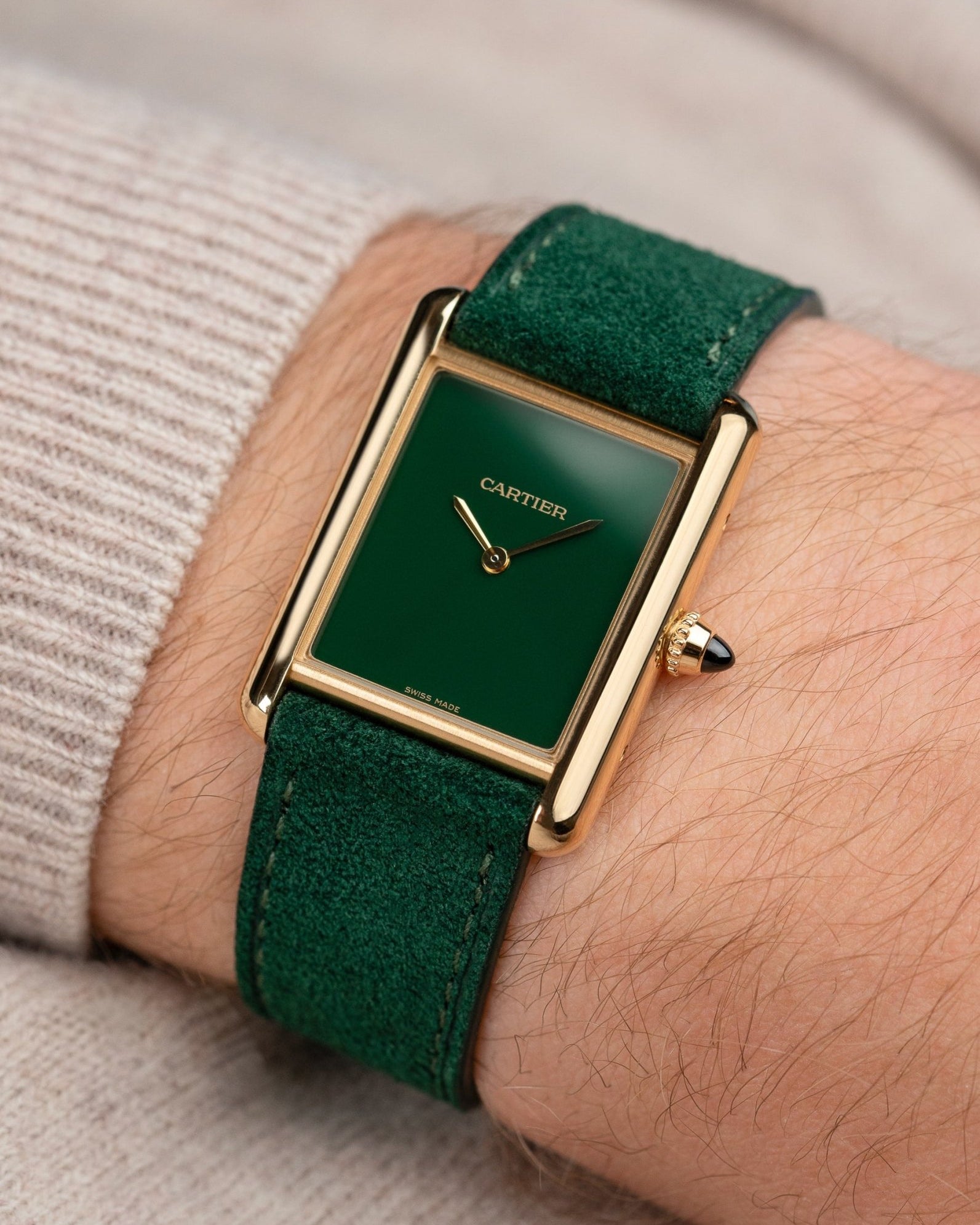 Dark Green Suede Leather Strap 17mm - 21mm on a gold and green Cartier Tank wrist shot
