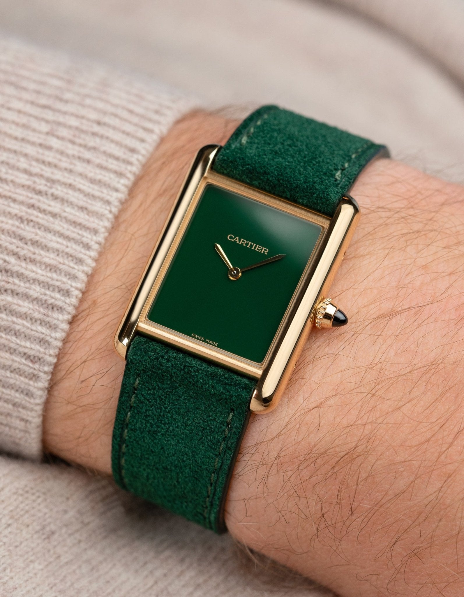 Dark Green Suede Leather Strap 17mm - 21mm on a gold and green Cartier Tank wrist shot