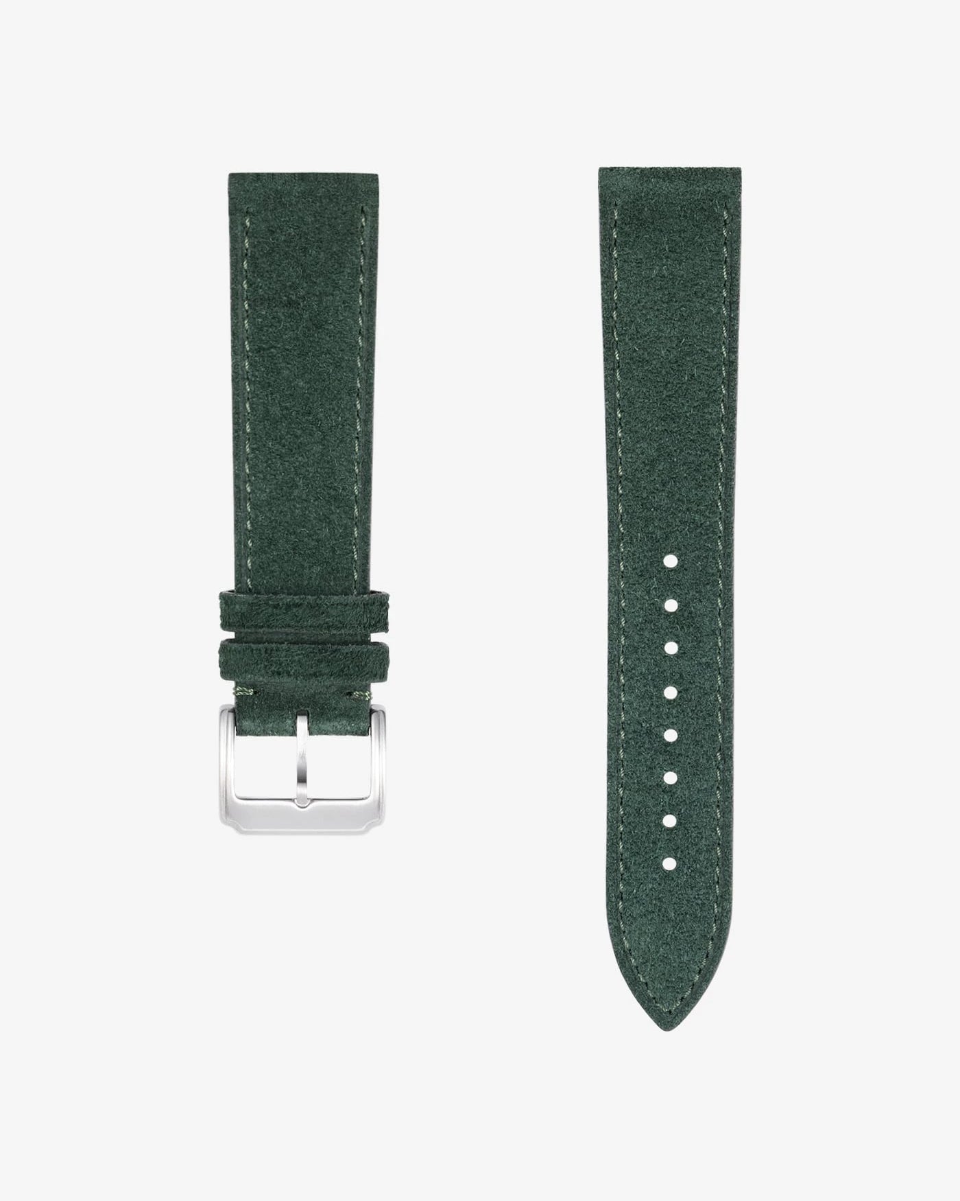 Dark green suede leather strap for Jaeger LeCoultre Reverso 20mm with polished buckle, flat lay product image