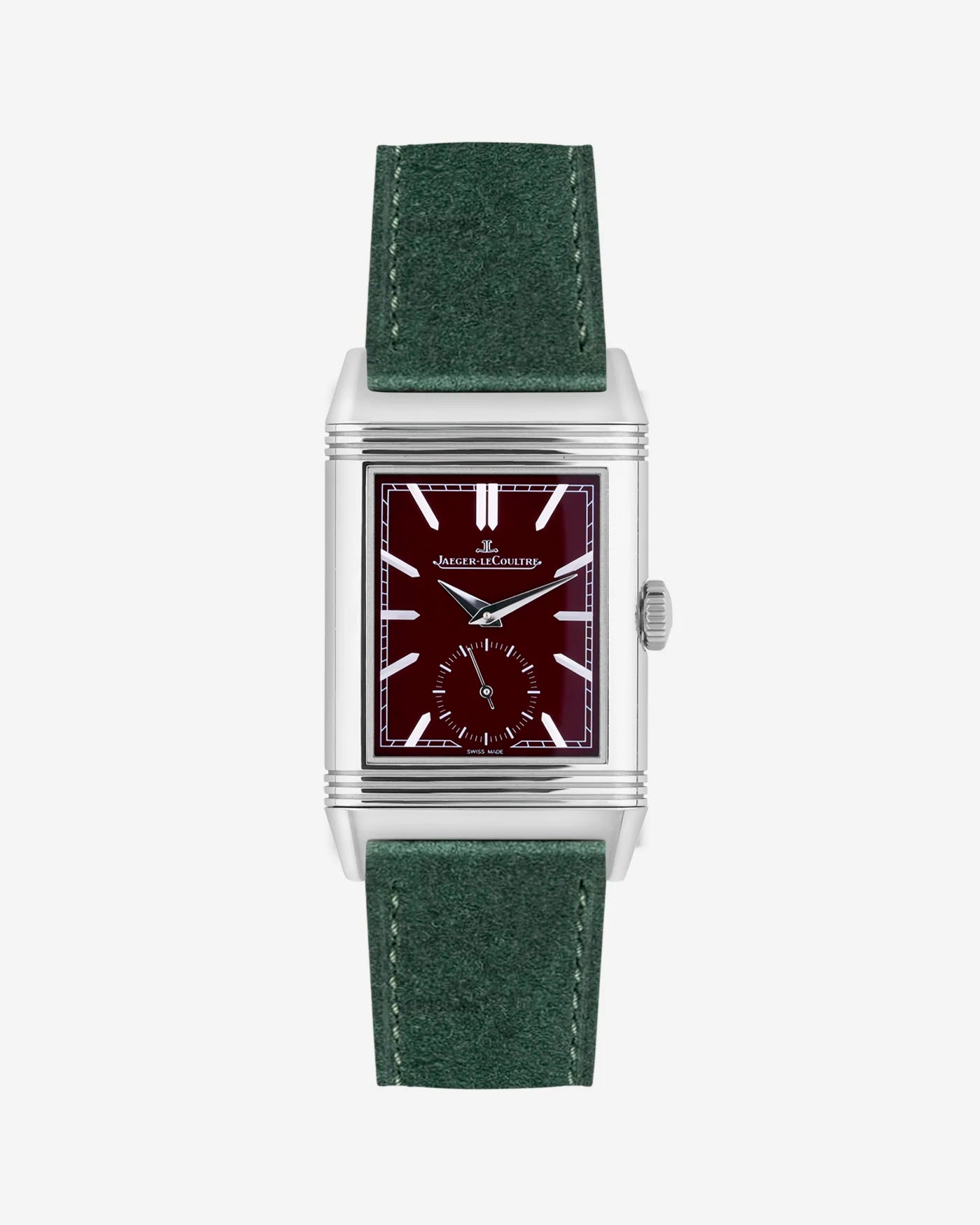 Dark green suede leather strap mounted on Jaeger LeCoultre Reverso watch 20mm, front-facing on-watch product image