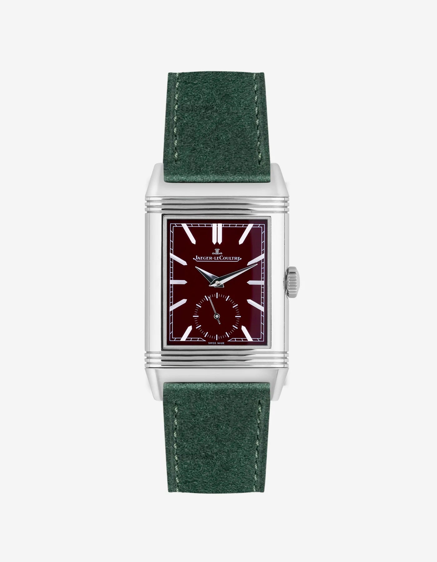 Dark green suede leather strap mounted on Jaeger LeCoultre Reverso watch 20mm, front-facing on-watch product image