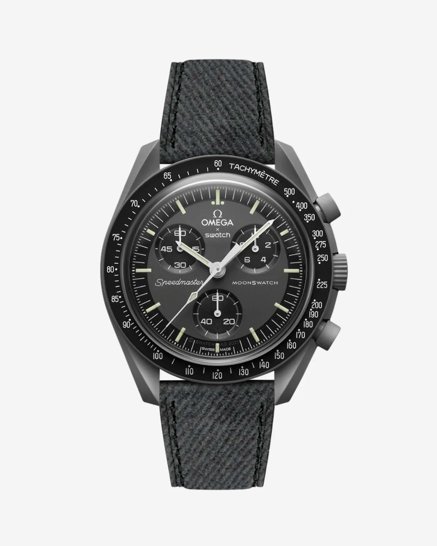 Dark Grey Denim leather strap mounted on Omega x Swatch MoonSwatch Mission to Mercury – product image