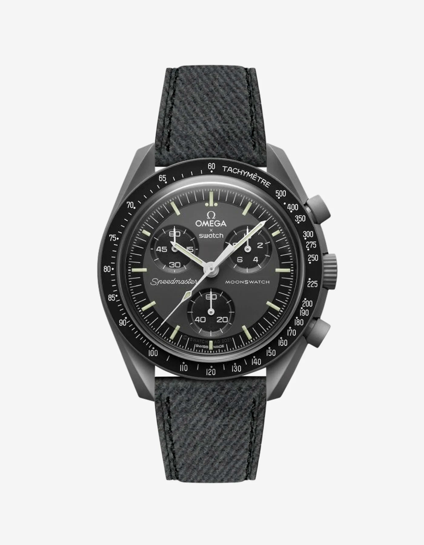 Dark Grey Denim leather strap mounted on Omega x Swatch MoonSwatch Mission to Mercury – product image