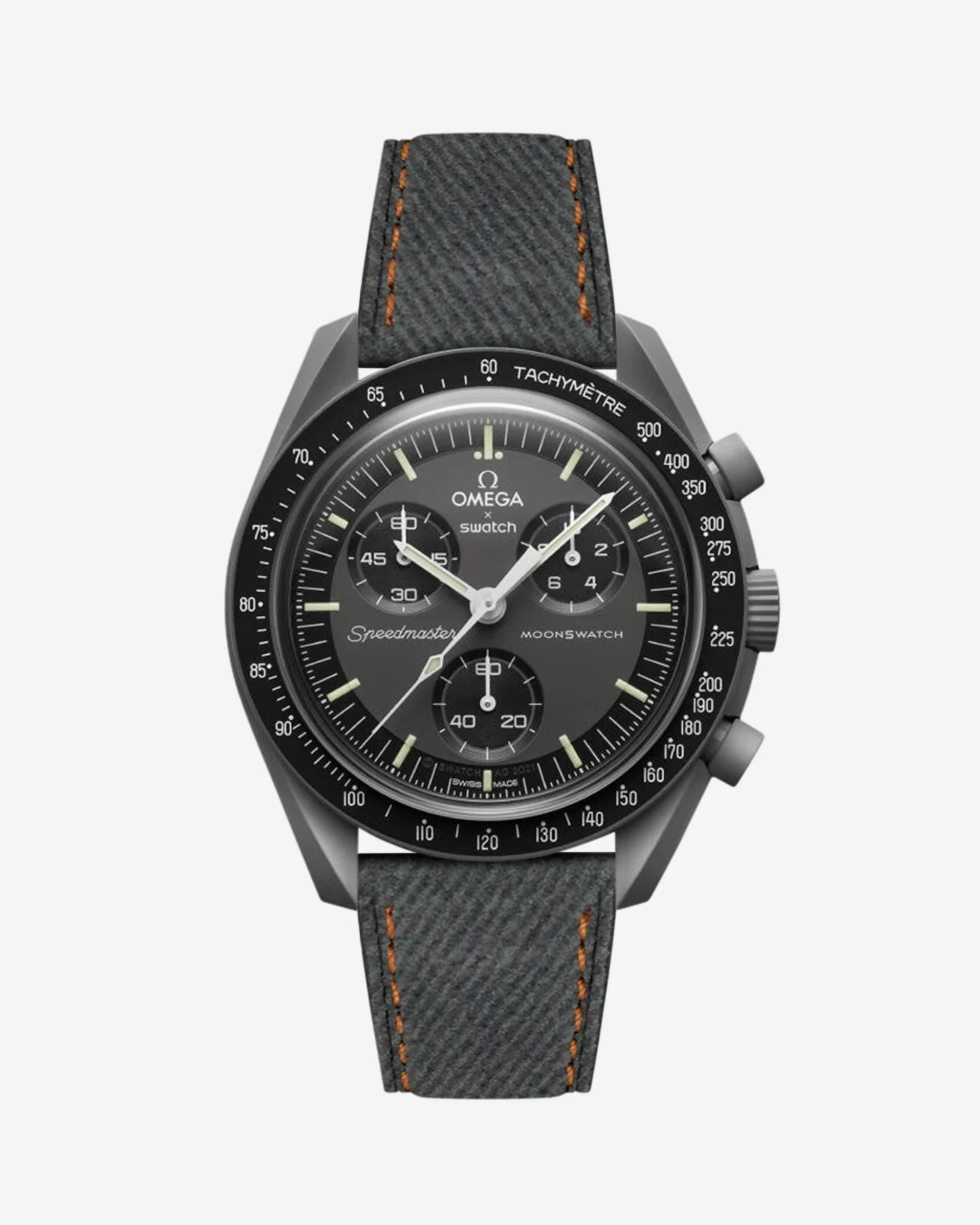Dark Grey Denim strap with orange stitching mounted on Omega x Swatch MoonSwatch Mission to Mercury – product image