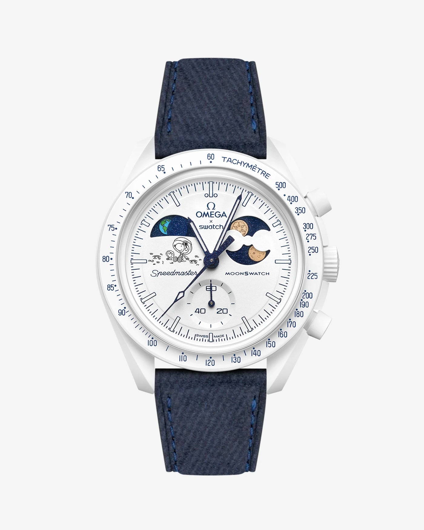 Dark Blue Denim Leather Strap on Omega x Swatch MoonSwatch Mission To Earthphase - Moonshine Gold Cold Moon